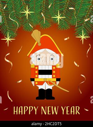 nutcracker on a dark background with fir branches stars and confetti Stock Vector