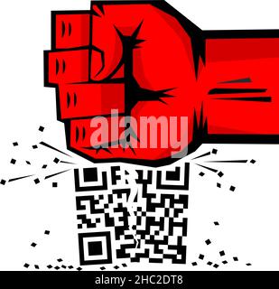 No QR-code poster. Powerful fist breaks QR code. Vector on transparent background Stock Vector