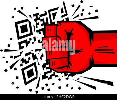 No QR-code poster. Powerful fist breaks QR code. Vector on transparent background Stock Vector