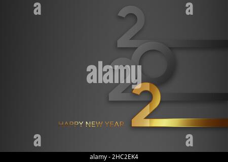 Happy new year 2022 banner. Elegant design of gray and gold numbers on a black background. Modern template. Design of a new logo 2022 Stock Vector