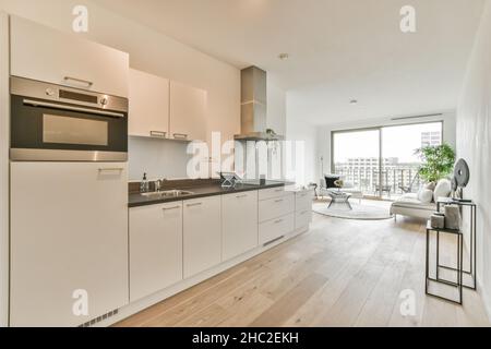 Long stylish and cozy minimalist kitchen with flowerpot Stock Photo