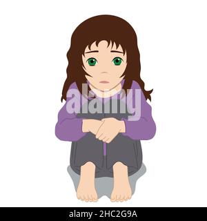 Scared, depressed, sad girl looks lonely.Vector illustration of helpless, frightened child.Worry Stock Vector