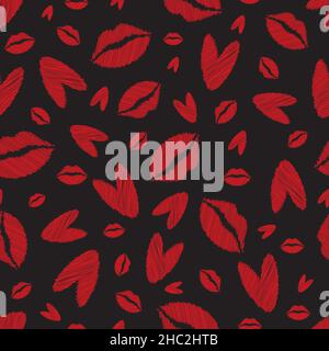 Vector scribbled lips and hearts seamless pattern background. Red black backdrop with pencil drawing style female kiss and heart motifs. Scattered Stock Vector