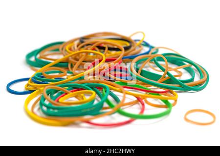 Many colorful rubber rings against a white background Stock Photo