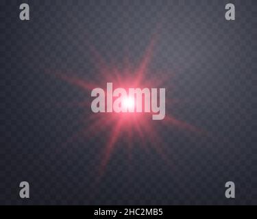 Red sunlight lens flare, sun flash with rays and spotlight. Glowing burst explosion on a transparent background.   Vector illustration. Stock Vector