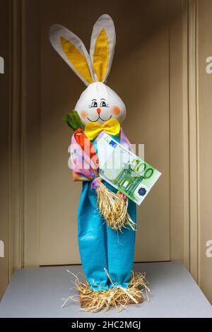 Stuffed happy rabbit holding one 100 Euro banknote, Stock Photo