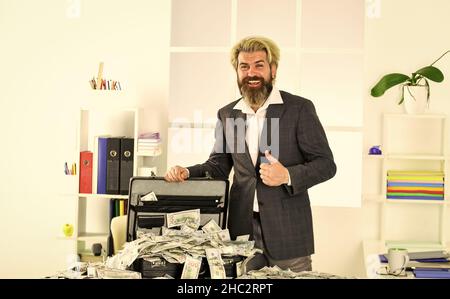 grant funding. confident millionaire. economy and finance. rich bank worker. investment in yourself. businessman with office bag. successful bearded Stock Photo