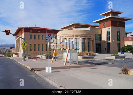 EL PASO, TX –15 DEC 2021- View of the campus college of the University of Texas at El Paso (UTEP), a public research university member of the Universi Stock Photo