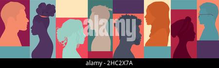 Diversity multiethnic people. Group side silhouette men and women of different culture and countries. Coexistence harmony and multicultural community Stock Vector