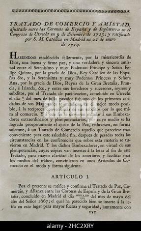 Treaty of Commerce and Friendship between the Crowns of Spain and England at the Congress of Utrecht on 9 December 1713. Ratified by King Philip V of Spain in Madrid on 21 January 1714. Article I. Collection of the Treaties of Peace, Alliance, Commerce adjusted by the Crown of Spain with the Foreign Powers (Colección de los Tratados de Paz, Alianza, Comercio ajustados por la Corona de España con las Potencias Extranjeras). Volume I. Madrid, 1796. Historical Military Library of Barcelona, Catalonia, Spain. Stock Photo