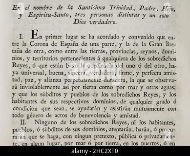 Treaty of Commerce and Friendship between the Crowns of Spain and England at the Congress of Utrecht on 9 December 1713. Ratified by King Philip V of Spain in Madrid on 21 January 1714. Detail of the religious heading of a part of the document. Collection of the Treaties of Peace, Alliance, Commerce adjusted by the Crown of Spain with the Foreign Powers (Colección de los Tratados de Paz, Alianza, Comercio ajustados por la Corona de España con las Potencias Extranjeras). Volume I. Madrid, 1796. Historical Military Library of Barcelona, Catalonia, Spain. Stock Photo