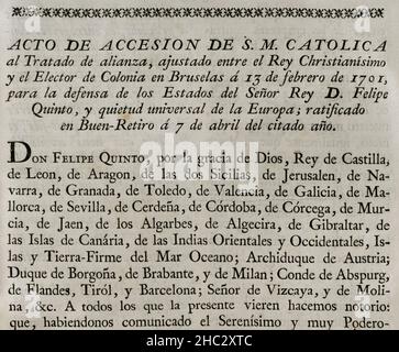 'Treaty of Brussels'. Act of accession to the Treaty of Alliance between King Philip V of Spain and Louis XIV of France with the Elector of the Archbishopric of Cologne, José Clemente of Bavaria, in Brussels on 13 February 1701, ratified at the Buen Retiro Palace on 7 April of that year. Cologne pledged its diplomatic and military aid to the Franco-Spanish coalition on eve of the imminent War of the Spanish Succession (1701-1713). Collection of the Treaties of Peace, Alliance, Commerce adjusted by the Crown of Spain with the Foreign Powers (Colección de los Tratados de Paz, Alianza, Comercio a Stock Photo