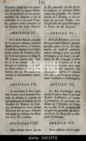 'Treaty of Brussels'. Act of accession to the Treaty of Alliance between King Philip V of Spain and Louis XIV of France with the Elector of the Archbishopric of Cologne, José Clemente of Bavaria, in Brussels on 13 February 1701, ratified at the Buen Retiro Palace on 7 April of that year. Cologne pledged its diplomatic and military aid to the Franco-Spanish coalition on eve of the imminent War of the Spanish Succession (1701-1713). Articles VI and VII. Collection of the Treaties of Peace, Alliance, Commerce adjusted by the Crown of Spain with the Foreign Powers (Colección de los Tratados de Paz Stock Photo