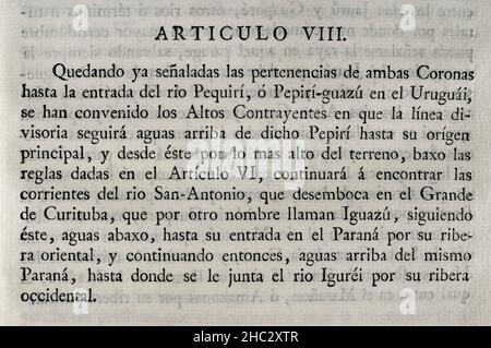 First Treaty of San Ildefonso (October 1, 1777). Preliminary treaty on the territorial limits of Spain and Portugal in South America. The Portuguese crown ceded to Spain the southern half of present-day Uruguay, including Colonia del Sacramento. Also the islands of Annobón and Fernando Poo in Guinean waters. The Spanish Crown accepted the withdrawal of the Santa Catarina Island, on the Brazilian coast. Agreed and concluded by King Charles III of Spain and Queen Maria I of Portugal. Ratified by the King at San Lorenzo de El Escorial on 11 October of that year. Article VIII. Collection of the Tr Stock Photo