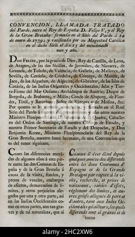 'Convention of Pardo'. Treaty between King Philip V of Spain and King George III of Great Britain, to settle claims for damages caused in the searches of British ships and other pending claims between both countries. Signed at the Royal Site of El Pardo on 14 January 1739. Collection of the Treaties of Peace, Alliance, Commerce adjusted by the Crown of Spain with the Foreign Powers (Colección de los Tratados de Paz, Alianza, Comercio ajustados por la Corona de España con las Potencias Extranjeras).  Volume II. Madrid, 1800. Historical Military Library of Barcelona, Catalonia, Spain. Stock Photo