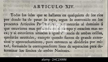 First Treaty of San Ildefonso (October 1, 1777). Preliminary treaty on the territorial limits of Spain and Portugal in South America. The Portuguese crown ceded to Spain the southern half of present-day Uruguay, including Colonia del Sacramento. Also the islands of Annobón and Fernando Poo in Guinean waters. The Spanish Crown accepted the withdrawal of the Santa Catarina Island, on the Brazilian coast. Agreed and concluded by King Charles III of Spain and Queen Maria I of Portugal. Ratified by the King at San Lorenzo de El Escorial on 11 October of that year. Article XIV (on those islands in t Stock Photo