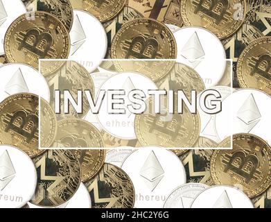 Crypto currency Investing concept. Cryptocurrency investments. Word over coins background. Stock Photo