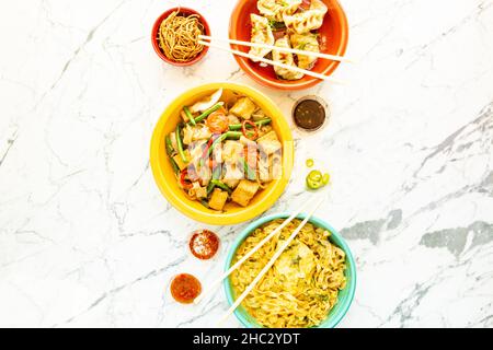 Northern Thai Curry Noodles, Hangover Noodles and Mama's Hand-wrapped Jiaozi Potstickers,  Barbara, California Stock Photo