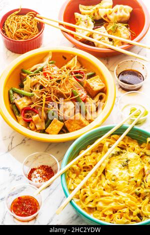 Northern Thai Curry Noodles, Hangover Noodles and Mama's Hand-wrapped Jiaozi Potstickers,Barbara, California Stock Photo