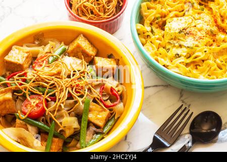Hangover Noodles, and Northern Thai Curry Niidles. Stock Photo