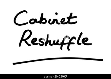 Cabinet Reshuffle, handwritten on a white background. Stock Photo