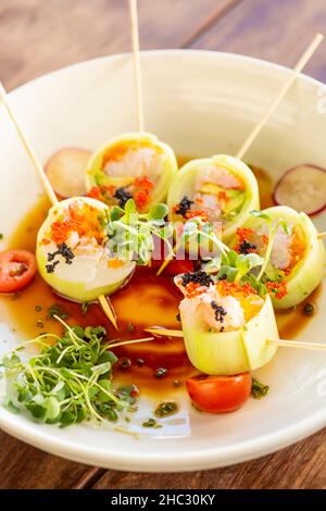 Halibut and Crab Lollipops Stock Photo