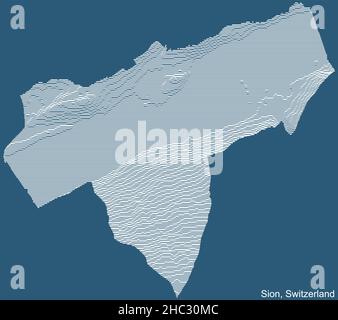 Topographic technical drawing relief map of the city of Sion, Switzerland with white contour lines on blue background Stock Vector