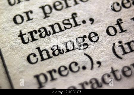 Word "change" printed on dictionary page, macro close-up Stock Photo