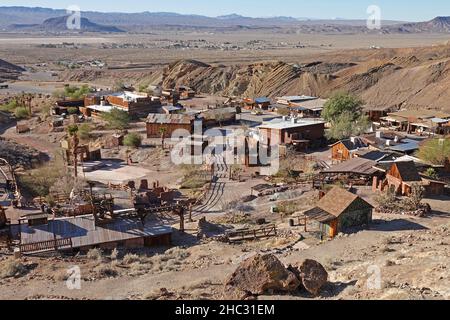 Calico, California / USA - Jan. 11, 2020: The historic, rugged silver mining ghost town in the Mojave Desert is shown from an elevated view. Stock Photo