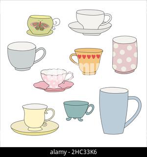 Hand drawn Set of various cups for tea or coffee isolated on white background. Stock Vector
