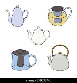 Hand drawn Set of various teapots isolated on white background. Stock Vector