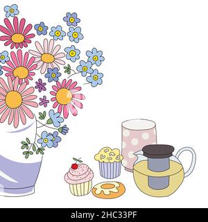 Tea time set with teapot, cup, cakes and bouquet of flowers. Copy space. Copy space. Stock Vector