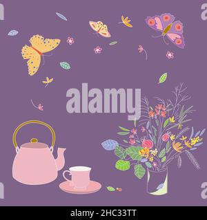 Tea time set with teapot, cup, bouquet of flowers, butterfly. Copy space. Stock Vector