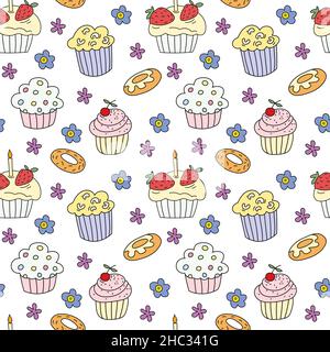 Cake seamless pattern. Hand drawn background with variuos cakes on white. Stock Vector