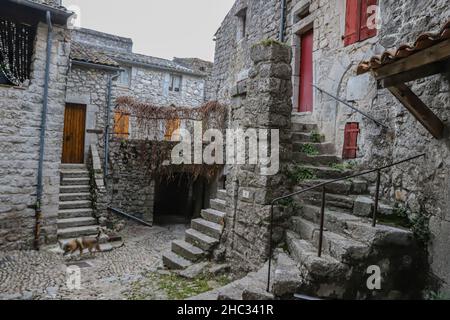 Detail view of the Medieval village Center Balazuc and the cobbled streets Stock Photo