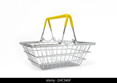 steel shopping basket isolated on white background, side view Stock Photo