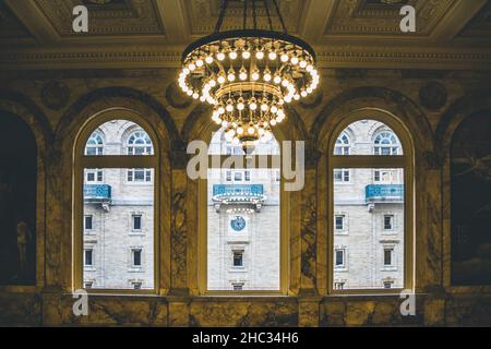 Interior of Boston Public Library with decoration and chandelier in retro style Stock Photo