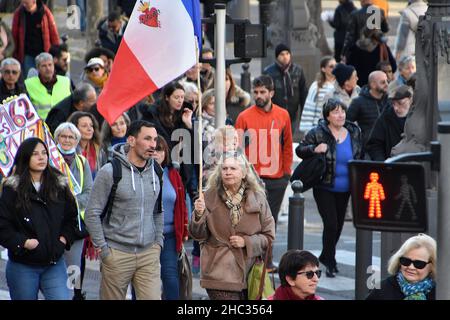 Marseille, France. 18th Dec, 2021. Protesters seen marching during the demonstration as they took to the streets of France protesting against the health pass. (Credit Image: © Gerard Bottino/SOPA Images via ZUMA Press Wire) Stock Photo