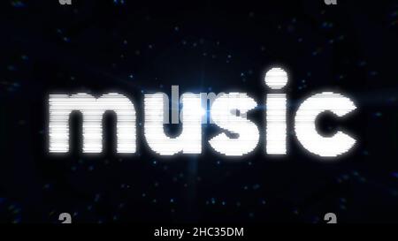 Abstract neon word music twisting and turning intermittently on black background with blue particles and flashing light. White neon sign music with sm Stock Photo