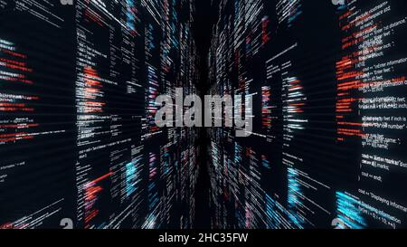 Programming code flowing on black background with 3D effect, seamless loop. Abstract technological pattern, concept of software development and comput Stock Photo