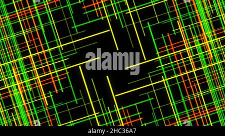 Many flowing narrow colorful lines. Abstract four rotating fragments with many colorful crossed beams isolated on black background, seamless loop. Stock Photo