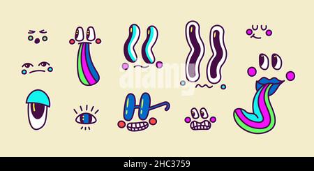 Set of classic cartoon faces, eyes, lips and cheeks. Cute vector multicolor illustration. Stock Vector