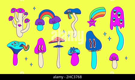 Set of classic psychedelic cartoon mushrooms with faces, eyes, tongues and cheeks. Cute vector neon multicolor illustration for design. Hallucinatory Stock Vector