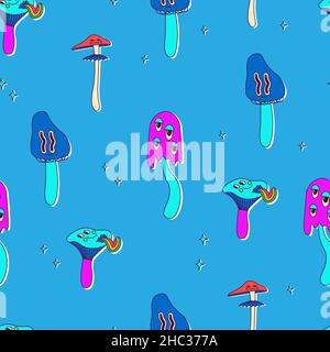 Seamless pattern of classic psychedelic cartoon mushrooms with faces, eyes, tongues and cheeks. Cute vector neon multicolor repeating print on blue Stock Vector