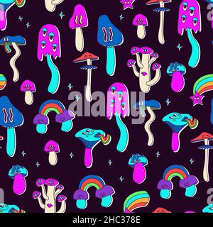 Seamless pattern of classic psychedelic cartoon mushrooms with faces, eyes, tongues and cheeks. Cute vector neon multicolor repeating print on black Stock Vector
