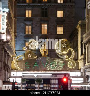 London, Greater London, England, December 15 2021: Savoy luxury hotel Christmas facade. Stock Photo