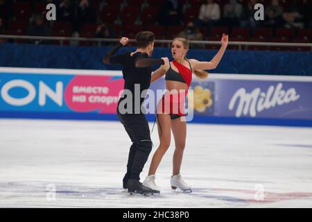 Saint Petersburg, Russia. 23rd Dec, 2021. Alexandra Stepanova, Ivan Bukin of Russia compete during the Rhythm Dance, Ice Dance on day one of the Rostelecom Russian Nationals 2022 of Figure Skating at the Yubileyny Sports Palace in Saint Petersburg. Final score: 88.76 (Photo by Maksim Konstantinov/SOPA Image/Sipa USA) Credit: Sipa USA/Alamy Live News Stock Photo