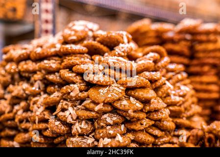 Traditional moroccan sweets on sale at a street food stall or market Stock Photo