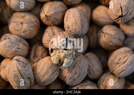 A cracked walnut and blurred walnuts in the background. Focus on cracked walnut. Stock Photo
