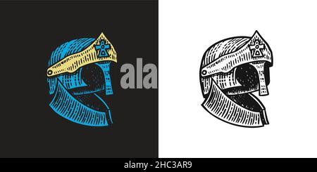 Medieval symbol Battle Helmet for knights or kings, vintage, engraved hand drawn in sketch or wood cut style, old looking retro roman. Stock Vector